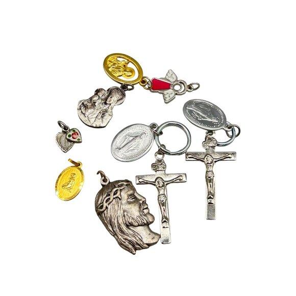 Assorted Vintage Religious Medals Crosses & Charms Lot 10 Pcs Christianity - Picture 1 of 8